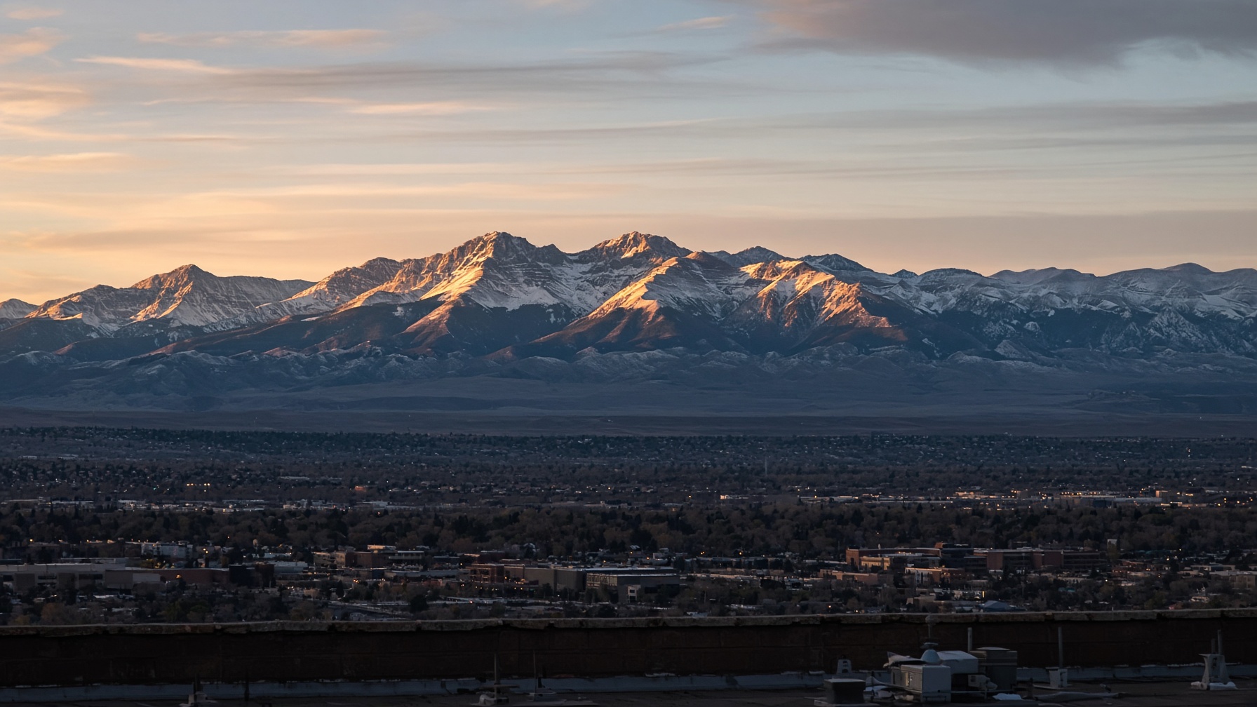 The Colorado Front Range at golden hour, seen from Denver.