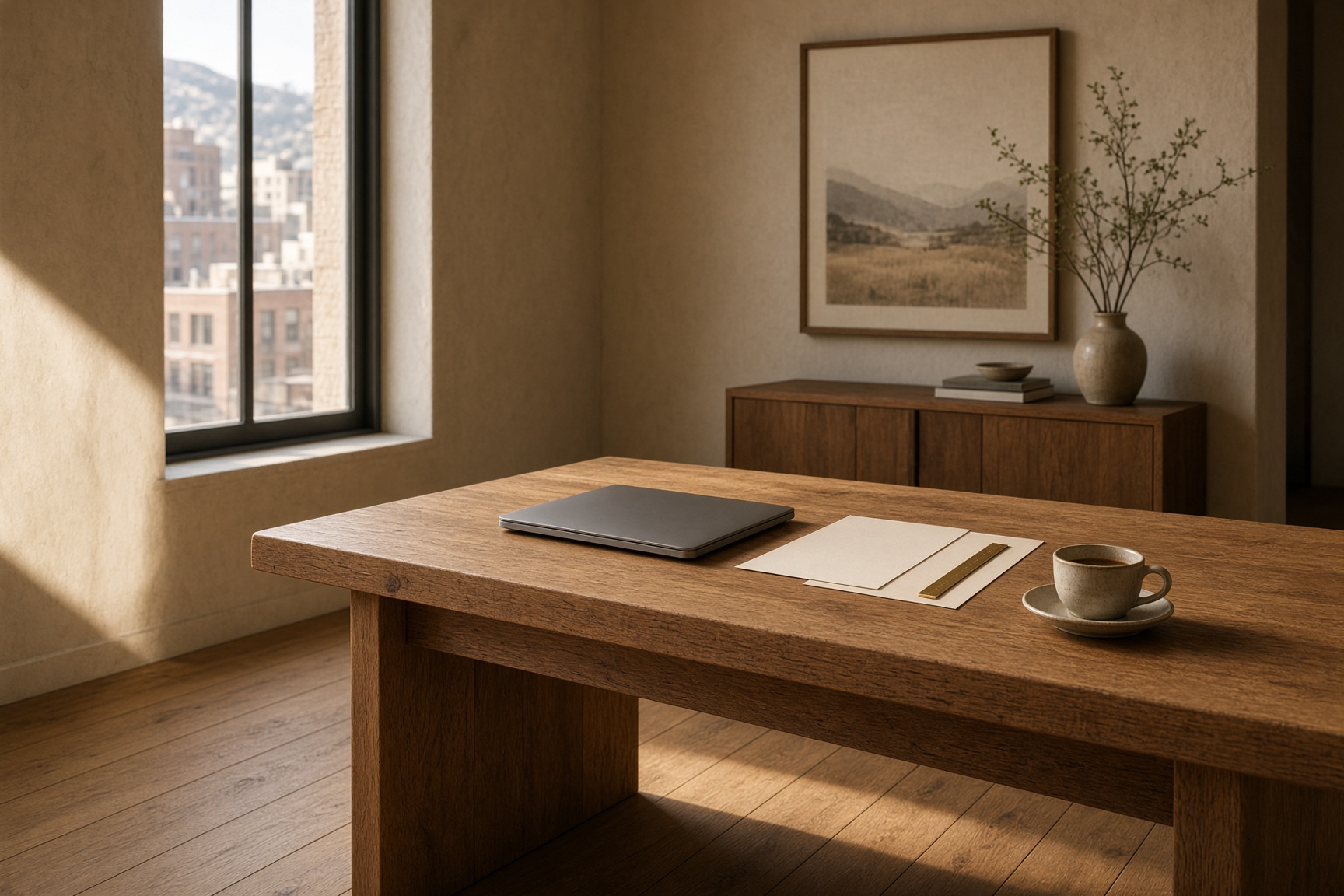 A sunlit Denver studio desk.